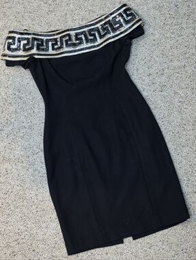 Black Off Shoulder Dress with Metallic Embellished Trim